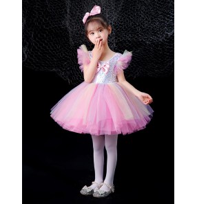Girls toddlers jazz dance princess dress yellow pink sequins tutu skirt kindergarten modern ballet dance outfits for kids